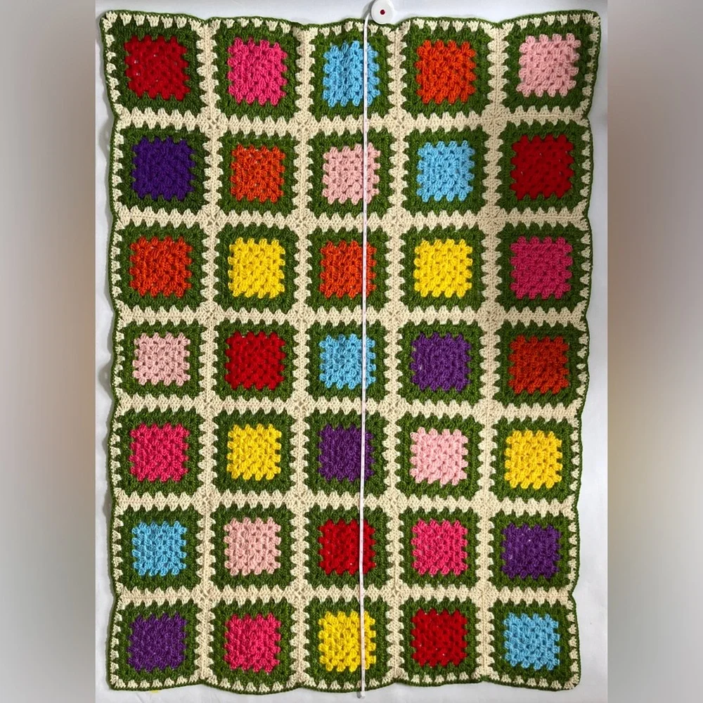 Handmade Crochet Green Multicolor Granny Square Afghan Throw Blanket